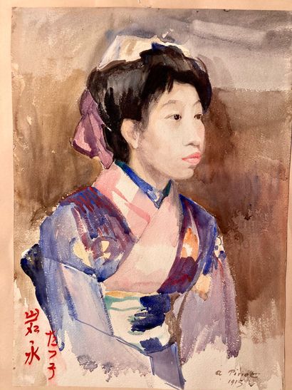 null Albert PINOT (1875-1962) La Japonaise. Aquarelle signée en bas à droite et datée...