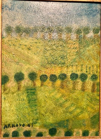 null Eduardo ARROYO (1937-2018) Paysage. Huile sur toile signée en bas à gauche ...