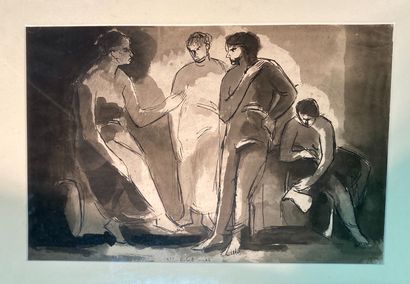 null Roberta GONZALEZ (1909-1976)Four characters dressed in antique style; ink drawing...