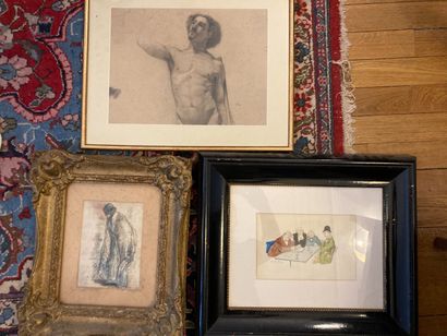 null Lot including: framed piece: The reflection; figure in toga and male anatomical...