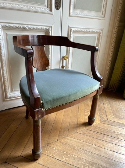 null Mahogany and mahogany veneer desk armchair; front legs gerbe. Louis Philippe...