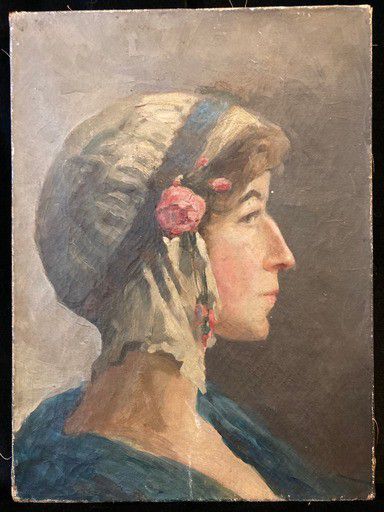 null Woman in profile with a bonnet and a rose. Oil on canvas (accidents) 24 x 32,6...