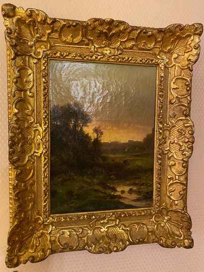 null French school of the XIX°. The animated river. Oil on canvas. Gilded wood f...