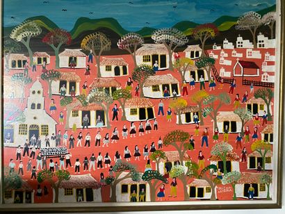 null Set of Haitian paintings including: village scenes, animated trees, villages,...