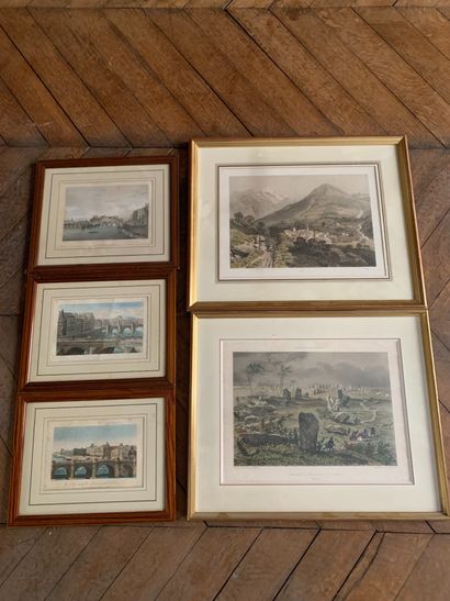 null Set of five framed prints: Views of Paris, Brittany and mountains.