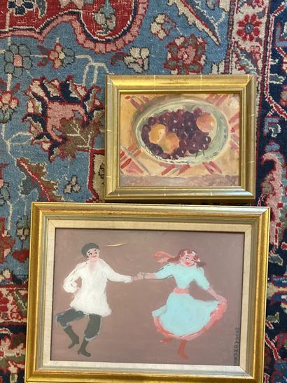 null Lot including: The cup of fruits: oil on cardboard; The dancers: oil on panel...