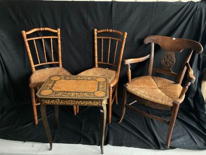 null Lot including: pair of chairs model Bamboo; rustic armchair and small inlaid...