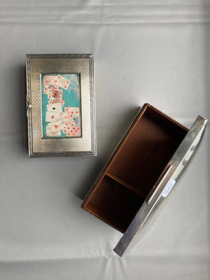 null A cigarette box lined with wood and a card box, the lid set with a gouache depicting...