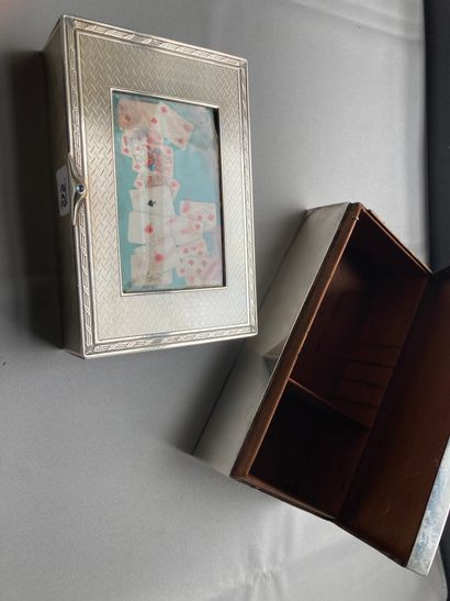 null A cigarette box lined with wood and a card box, the lid set with a gouache depicting...