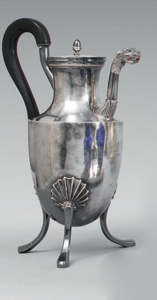null Tripod silver coffee pot 950 thousandths of baluster form, stamped with coats...