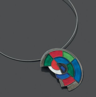 Sonia DELAUNAY (1885-1979). Pendant "Abstraction" in silver 800 thousandth enamelled...