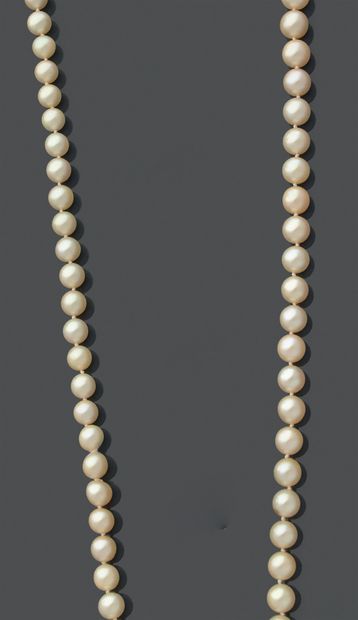 null Long necklace of one hundred and eleven cultured pearls slightly in fall.
Diameter...
