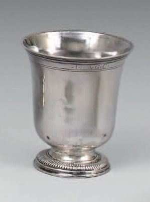 null Silver tulip tumbler, the neck threaded, monogrammed "MAGC" standing on a pedestal...