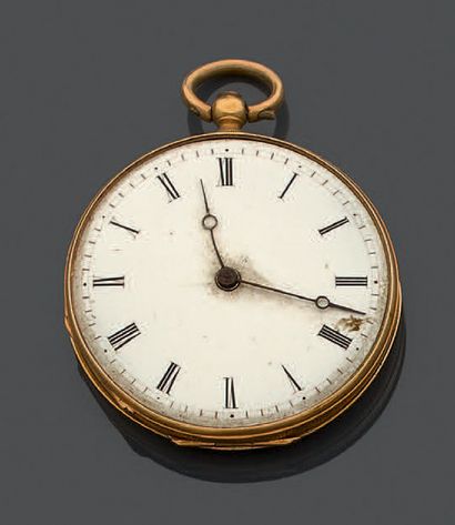 null Pocket watch in yellow gold 750 thousandth, the guilloche bottom, white enamelled...