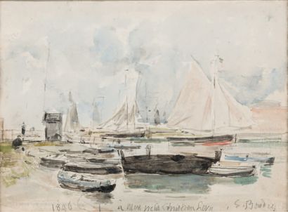 Eugène BOUDIN (1824 - 1898) Voiliers, 1896 au recto. Aquarelle, signée, datée et...