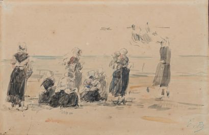 Eugène BOUDIN (1824 - 1898) Sur la plage : femmes de pêcheurs.
Aquarelle, porte le...