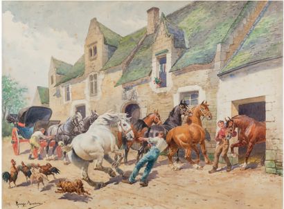 Georges Louis Charles BUSSON (1859 - 1933) Le relais de poste.
Aquarelle, signée...