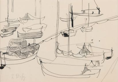 RAOUL DUFY (1877 - 1953) Cannes, barques de pêche.
Dessin à l'encre signé en bas...
