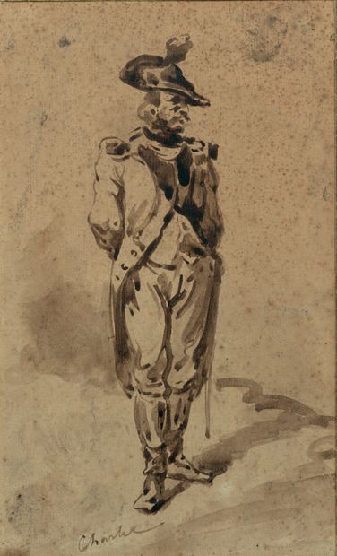 NICOLAS TOUSSAINT CHARLET (1792 - 1845) Le militaire.
Lavis d'encre sépia, signé...