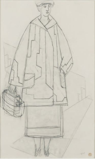 LÉOPOLD SURVAGE (1879 - 1968) Woman with a bag.
Black pencil drawing, stamped and...