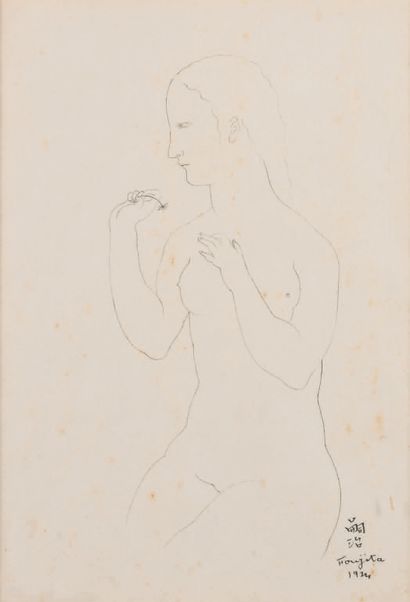 Leonard Tsuguharu FOUJITA (1886 - 1968) Nude sitting with a flower, 1924.
Ink drawing,...