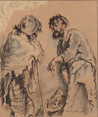 Paul Gavarni (1804 - 1866) The beggars.
Drawing in heightened ink, signed lower right.
19...