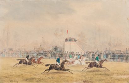 Théodore JUNG (1803 - 1865) Scene of a race.
Watercolor signed lower left.
22 x 34...