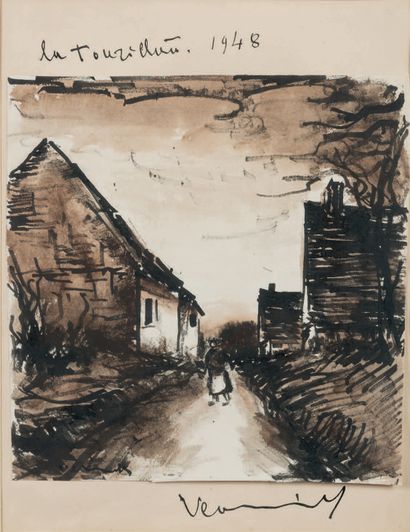 Maurice DE VLAMINCK (1876 - 1958) La Tourillière, a street, 1948.
Ink wash, signed...