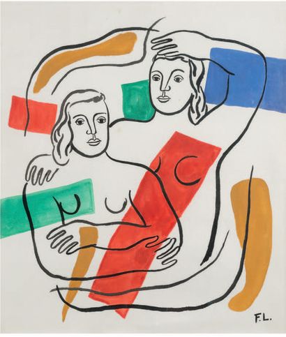 ECOLE MODERNE d'après Fernand LEGER Deux femmes.
Dessin à l'encre au pinceau rehaussé...