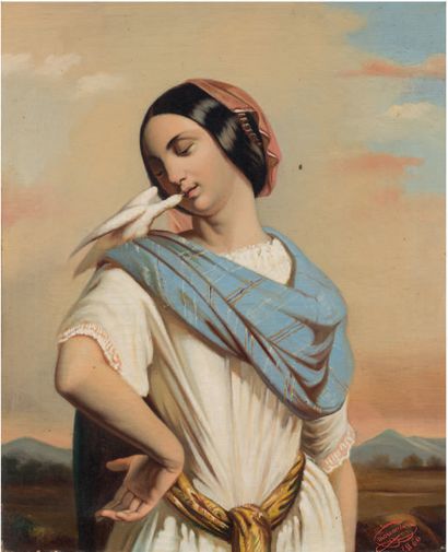 Henri MOREAU Woman with a dove, 1860.
Oil on canvas, signed and dated lower right.
55...