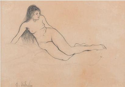 Suzanne VALADON (1865 - 1938) Nu aux cheveux longs.
Dessin au crayon noir et à l'estompe,...