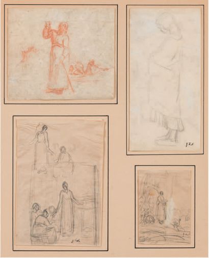 Jean-François MILLET (1814 - 1875) Etude de paysanne. Quatre dessins dans un même...