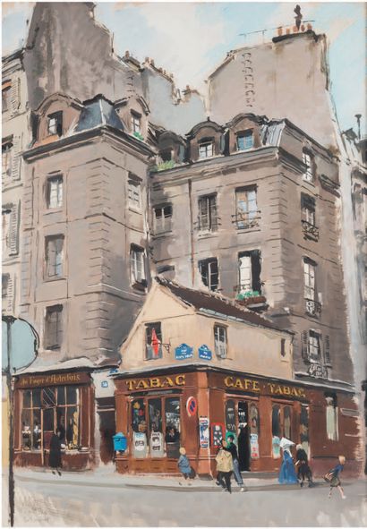 Albert BRENET (1903 - 2005) Paris, rue des Saints Pères at the corner of rue Perronet.
Gouache,...