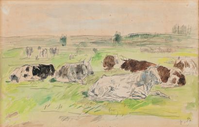 Eugène BOUDIN (1824 - 1898) Vaches au pré. Aquarelle sur traits de crayon, porte...
