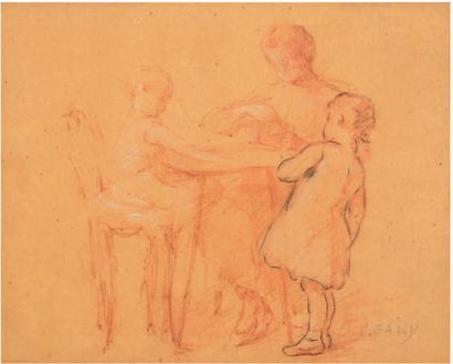 C BAILY Woman and children.
Drawing with red chalk heightened with black pencil,...