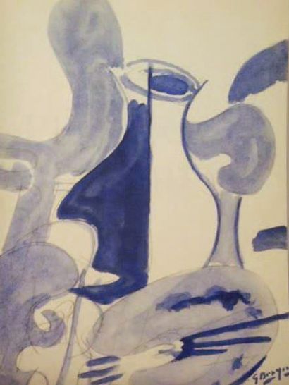 Georges BRAQUE (1882 - 1963) La palette au vase, vers 1948.
Aquarelle sur traits...