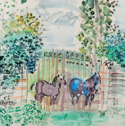 RAOUL DUFY (1877 - 1953) Chevaux devant une grille, vers 1930.
Aquarelle, porte le...