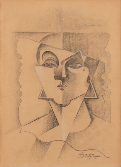 Jean METZINGER (1883 - 1956) Portrait de femme cubiste aux boucles d'oreilles.
Dessin...