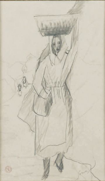 LÉOPOLD SURVAGE (1879 - 1968) Femme au panier sur la tête.
Dessin au crayon noir...