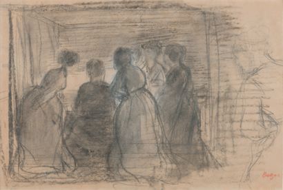 Edgar DEGAS (1834 - 1917) Groupe de femmes autour du pianiste. Dessin au crayon noir...