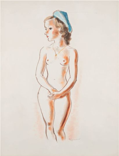 André DIGNIMONT (1891 - 1965) Nude with blue beret.
Sepia ink drawing heightened...