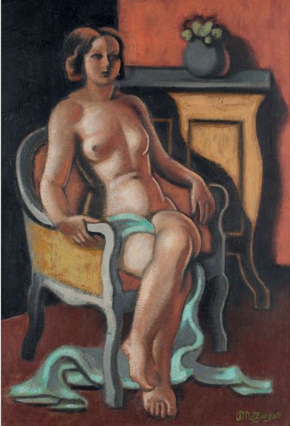 Jean METZINGER (1883 - 1956) Nu au fauteuil.
Huile sur toile, signée en bas à droite.
55...