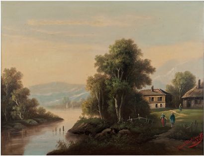 Henri MOREAU Chaumière en bord de rivière, 1869. Deux huiles sur toile formant pendant,...