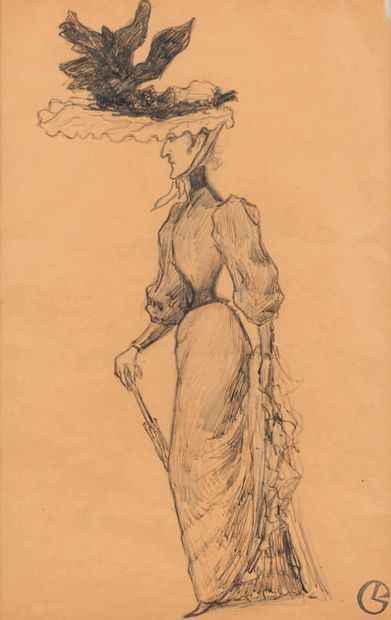 Georges LACOMBE (1868 - 1916) Femme à l'ombrelle et au grand chapeau.
Dessin à l'encre...