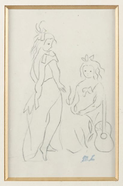 Marie LAURENCIN (1883-1946) Two young girls with a guitar.
Black pencil drawing,...