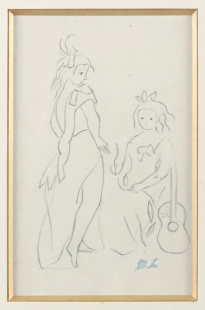 Marie LAURENCIN (1883-1946) Deux jeunes filles à la guitare.
Dessin au crayon noir,...