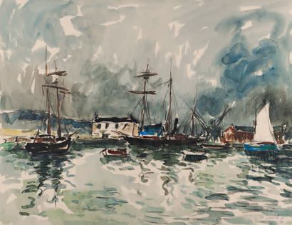 Fernand HERBO (1905-1995) Honfleur, sailboats at the quay.
Watercolor gouache, signed...