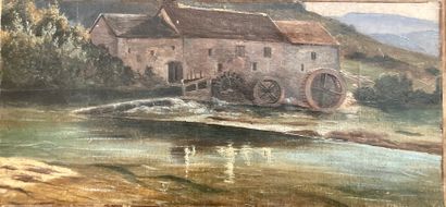 École Française vers 1830. Water mill at the edge of the river.
Oil on paper mounted...