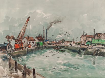 Fernand HERBO (1905-1995) La grue rouge.
Gouache aquarellée, signée en bas à gauche.
46...