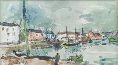 Fernand HERBO (1905-1995) Boats at the quay.
Watercolor gouache, signed lower left.
11.5...